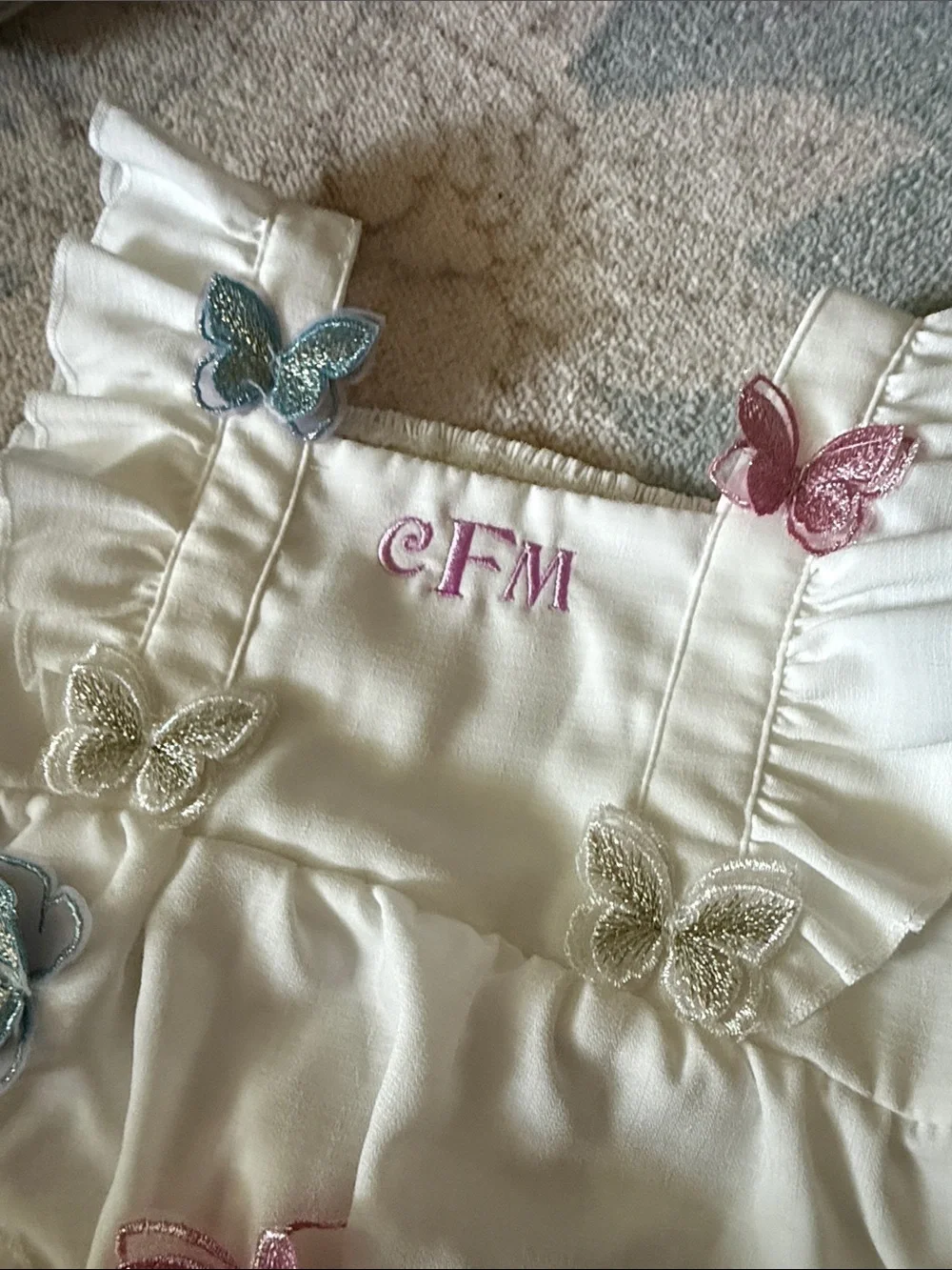 Handmade White Baby Bubble Romper with Multicolor Butterfly Appliqués
